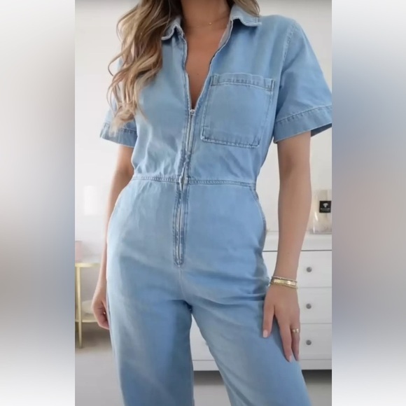 Zara Denim Jumpsuit wide straight leg jeans Zipper Light wash utility 1889/159 - Picture 4 of 11